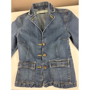 Jeanstar Womens Denim Blazer Jacket Blue Button Front Lapel Collar Pockets